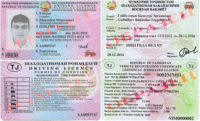 Аббревиатура ГББИ №4 ШБИ РБДА ВКД ЧТ в таджикском водительском удостоверении